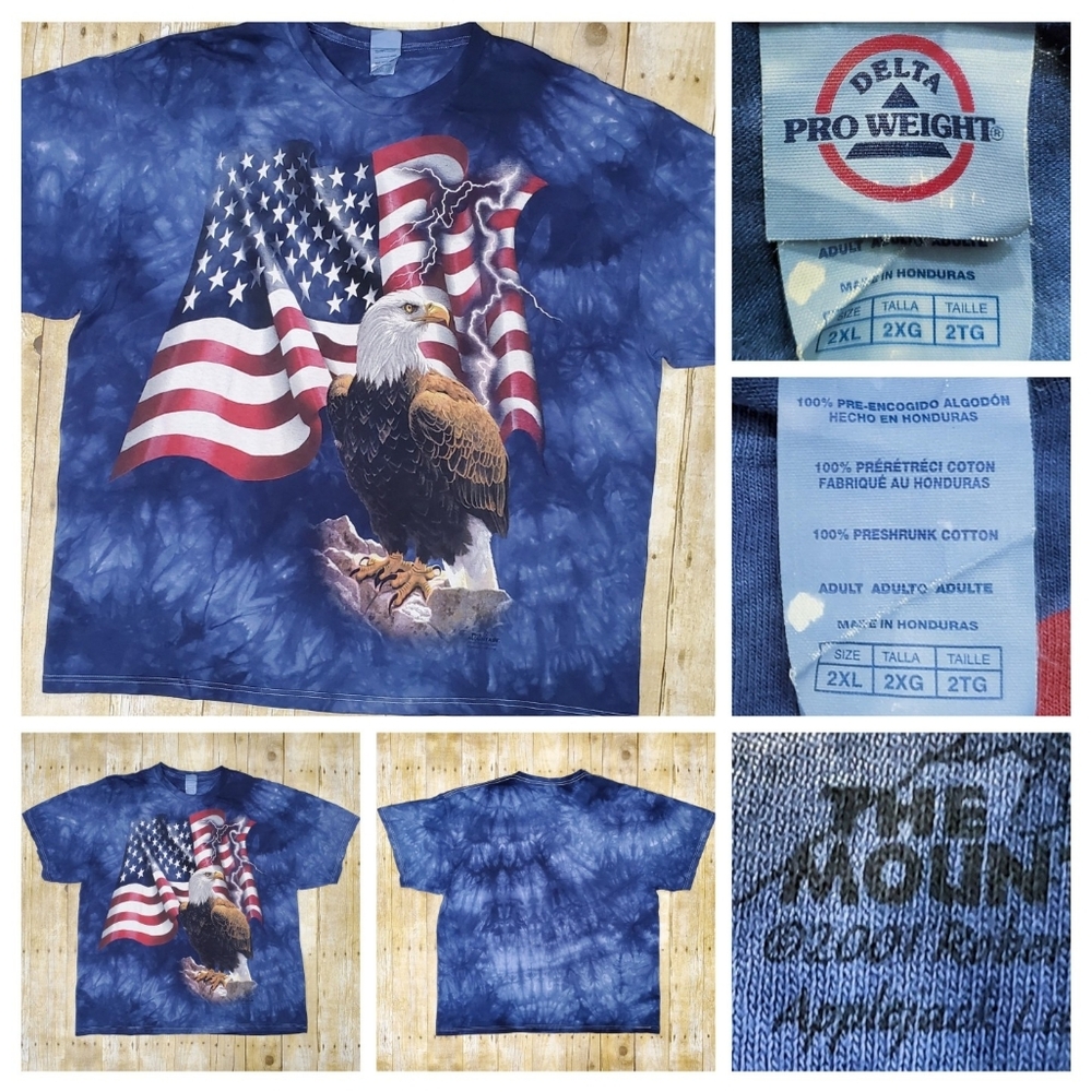 NWOT Vintage The Mountain T Shirt Mens 2XL Tie Dye American Flag Bald Eagle 2001